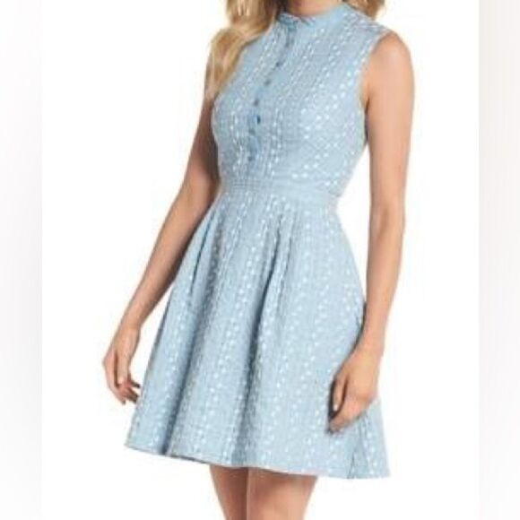 Gal Meets Glam Quinn Sleeveless Embroidered A-Line Zip Back Cotton Dress. 6. - Picture 1 of 11